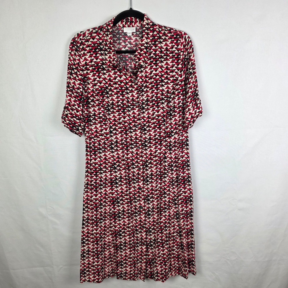 J. Jill Red Black Geometric Triangle Print Rayon Button Front Shirt Dress 10